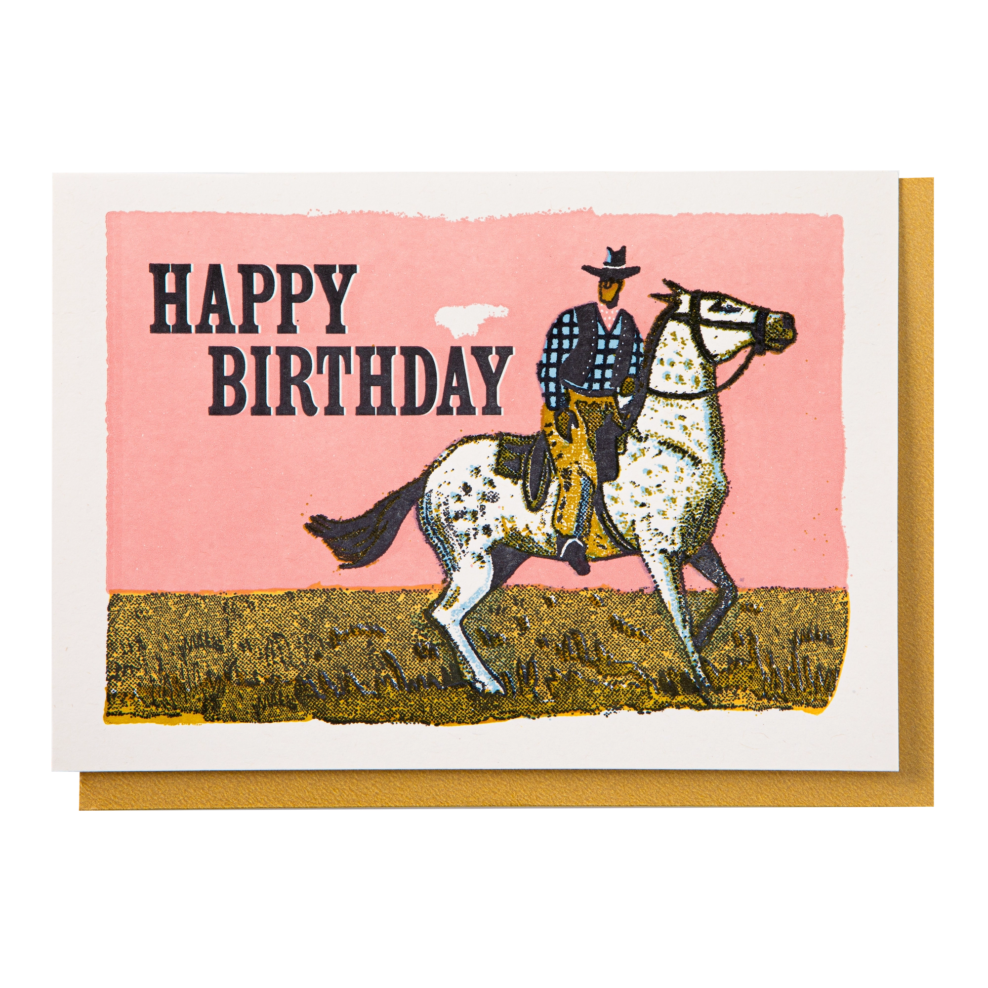 Archivist letterpress birthday card with a pink cowboy illustration