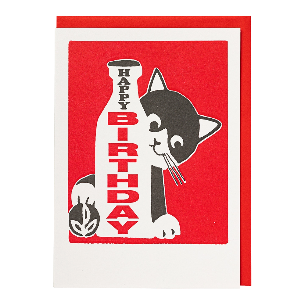Archivist letterpress birthday card with a cat and milk bottle illustration