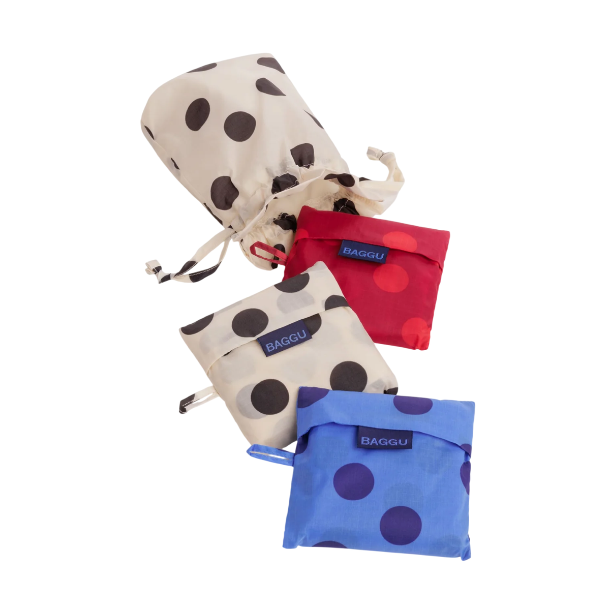 Baggu Standard Bag set of 3 in polka dot mix with drawstring pouch