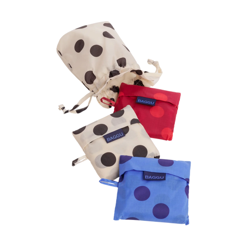 Baggu Standard Bag set of 3 in polka dot mix with drawstring pouch