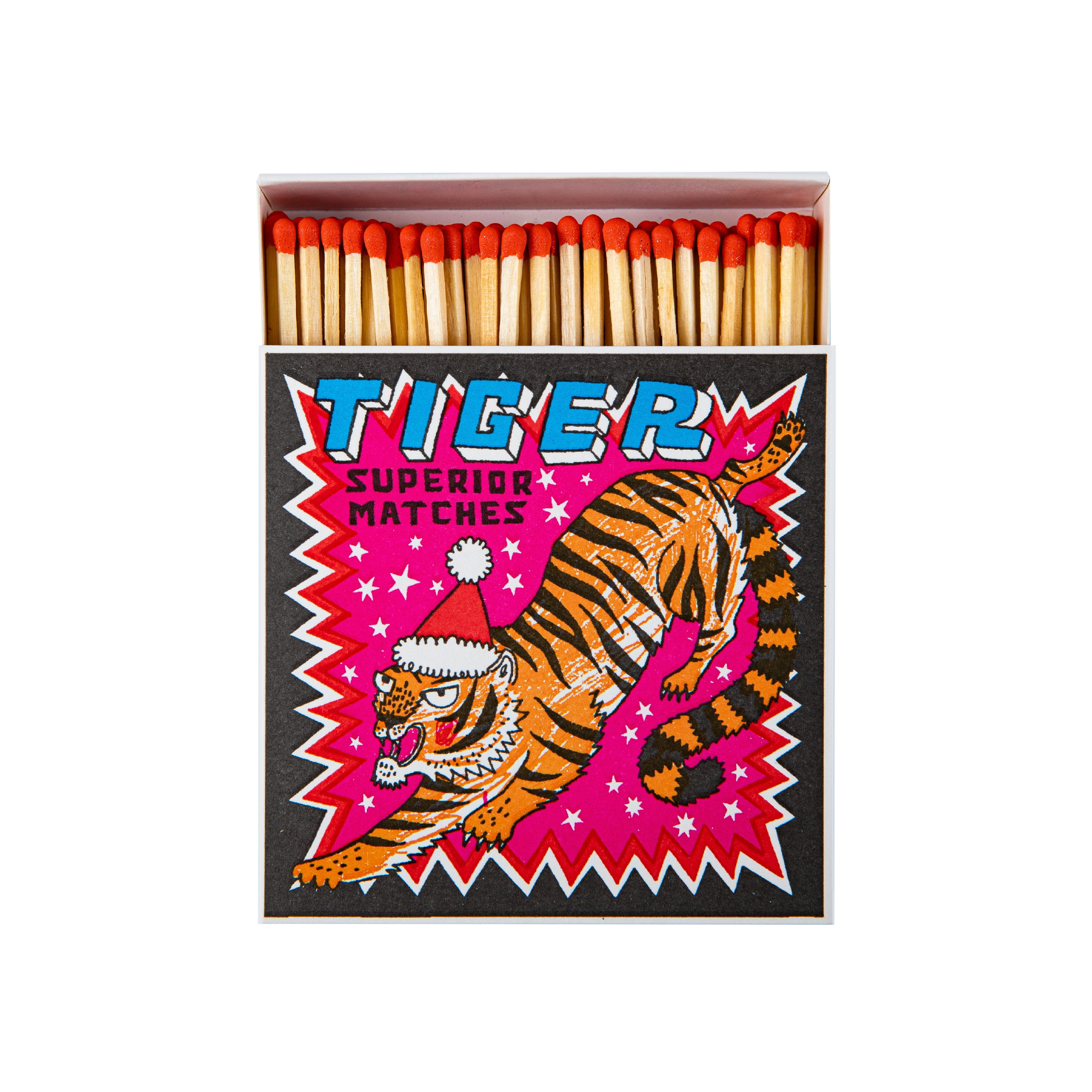 Archivist illustrated Christmas safety matches with a festive tiger print