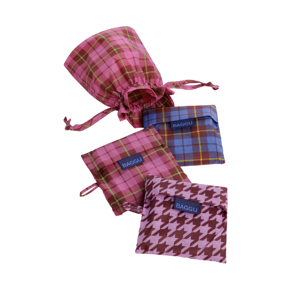 Baggu Standard Bag set of 3 in check mix with drawstring pouch